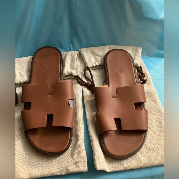 Hermès Izmir Brown Leather Flat Sandals Men’s Size EU-42 / US-9 - Picture 1 of 11